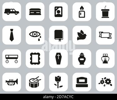 Funeral Or Funeral Ceremony Icons Black & White Flat Design Set big Stock Vector