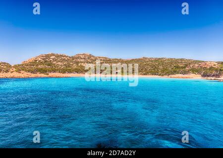 View of the famous Pink Beach on the coast of the Island of Budelli, Maddalena Archipelago, near the strait of Bonifacio in northern Sardinia, Italy Stock Photo