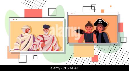 happy halloween holiday celebration concept children in costumes discussing with grandparents during video call online communication self isolation web brwoser windows horizontal portrait vector illustration Stock Vector