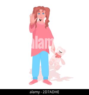 scared terrified child with teddy bear stop family violence aggression concept little girl crying full length vector illustration Stock Vector