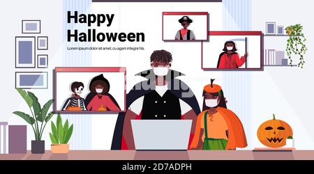 happy halloween holiday celebration concept people in costumes discussing with friends during video call online communication self isolation concept horizontal portrait copy space vector illustration Stock Vector