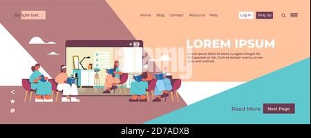 woman in web browser window reading books with mix race women during video call in book club self isolation horizontal full length copy space vector illustration Stock Vector
