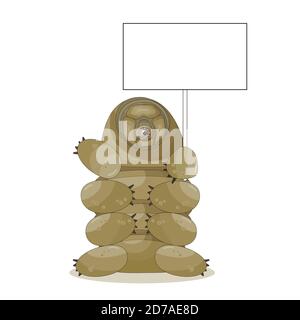 Brown cute adorable cartoon tardigrade character holds empty text box or white board in hands for some message Stock Vector