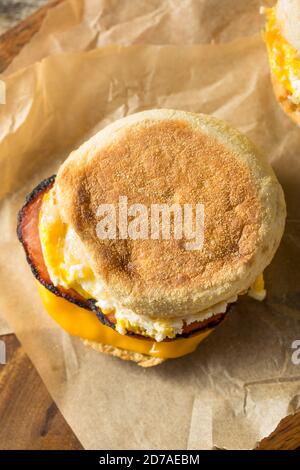 Homemade Egg English Muffin Sandwich with Bacon and Cheese Stock Photo