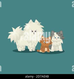 White fluffy cute cartoon happy isolated vector dog with two cats on blue or green background. One cat is white and gray, second is red with stripes Stock Vector