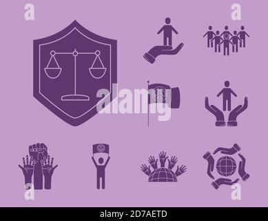bundle of twelve human rights silhouette style set icons vector illustration design Stock Vector