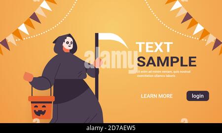 man in grim reaper costume happy halloween holiday celebration concept portrait horizontal copy space vector illustration Stock Vector