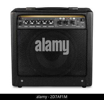 black modern electric guitar amp modelling amplifier isolated on white background rock heavy metal studio instrument concept Stock Photo