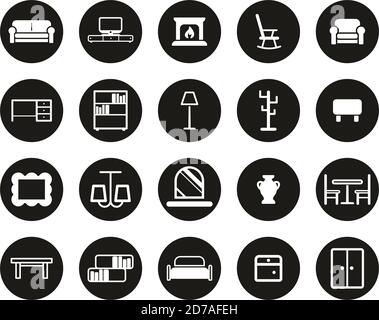 Furniture Icons White On Black Flat Design Circle Set Big Stock Vector