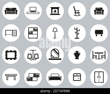 Furniture Icons Black & White Flat Design Circle Set Big Stock Vector