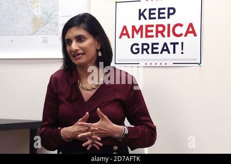 Raleigh, North Carolina, USA. 21st Oct, 2020. SEEMA VERMA, l, administrator of the Centers for Medicare & Medicaid Services for the Trump Administration speaks during a ''˜Seniors for Trump' event featuring a round-table discussion at the Raleigh, NC Trump Victory Field Office. Credit: Bob Karp/ZUMA Wire/Alamy Live News Stock Photo