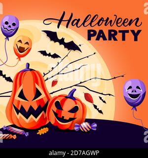 Halloween holiday square banner, flyer or poster design template. Vector flat cartoon illustration. Night background with full moon, pumpkin lanterns, Stock Vector