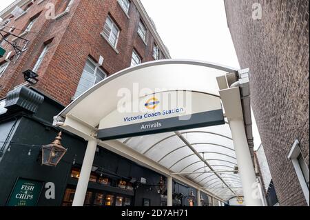 London/UK - 18 Oct 2020: Sign over arrivals entrance at London Victoria Coach station. Stock Photo