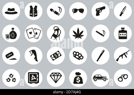Gangster Lifestyle Icons Black & White Flat Design Circle Set Big Stock Vector