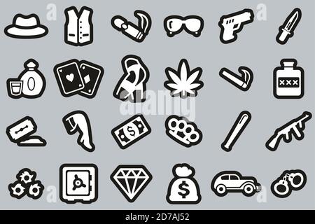 Gangster Lifestyle Icons White On Black Sticker Set Big Stock Vector
