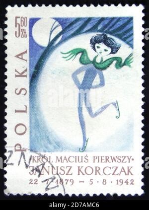 MOSCOW, RUSSIA - APRIL 2, 2017: A post stamp printed in Poland shows girl on skates, Illustration from King Matthew Book, circa 1962 Stock Photo