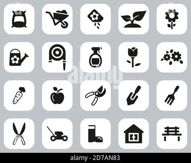 Gardening & Gardening Tools Icons Black & White Flat Design Set Big Stock Vector