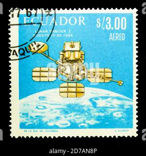 MOSCOW, RUSSIA - NOVEMBER 26, 2017: A stamp printed in Ecuador shows World Success in space cooperation - Lunar Orbiter 1, Space serie, circa 1966 Stock Photo