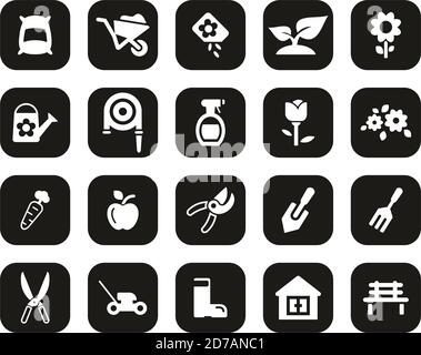 Gardening & Gardening Tools Icons White On Black Flat Design Set Big Stock Vector