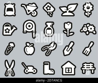 Gardening & Gardening Tools Icons White On Black Sticker Set Big Stock Vector