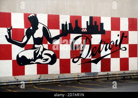 Detroit tourist sign in parking lot Michigan Stock Photo