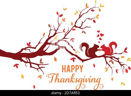 Thanksgiving card, tree branch with squirrels and colorful falling autumn leaves, vector illustration Stock Vector