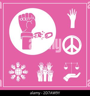 bundle of nine human rights silhouette style set icons vector illustration design Stock Vector
