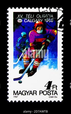 MOSCOW, RUSSIA - NOVEMBER 26, 2017: A stamp printed in Hungary shows 1991 Winter Olympics, Calgary, serie, circa 1987 Stock Photo