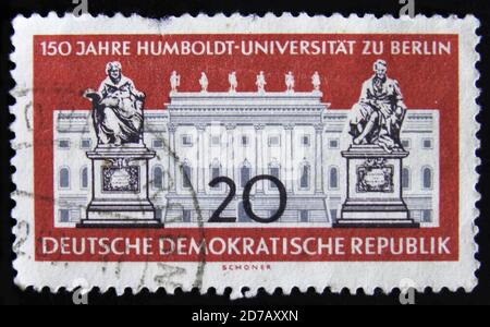 MOSCOW, RUSSIA - APRIL 2, 2017: A post stamp printed in DDR (Germany) devoted to 150 anniversary of Humboldt university, circa 1959 Stock Photo