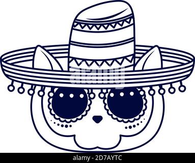 traditional mexican cat skull head with mariachi hat line style icon vector illustration design Stock Vector