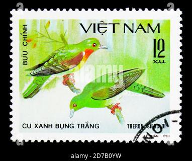 MOSCOW, RUSSIA - NOVEMBER 26, 2017: A stamp printed in Vietnam shows White-bellied Green-pigeon (Treron sieboldii), Doves serie, circa 1981 Stock Photo