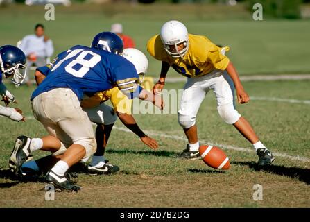 Junior varsity high school football action - the ball is fumbled during this play Stock Photo