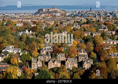 View from Blackford Hill looking from the Grange across the rooftops of Edinburgh to the Castle. Stock Photo