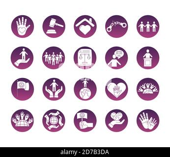 gavel judge and human rights silhouette style set icons vector illustration design Stock Vector