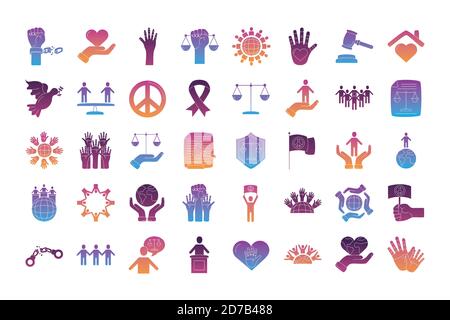 bundle of human rights silhouette style set icons vector illustration design Stock Vector