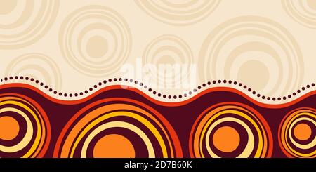 Abstract striped background, poster, banner. Composition of smooth dynamic waves, circles. Aboriginal ornament. Trendy design. Vector color. Stock Vector