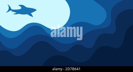 Abstract background, poster, banner. Composition of amorphous forms, liquid shapes. Sea, ocean, waves and shark. Vector color illustration. Stock Vector