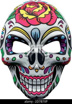 Halloween mask representing a traditional mexican skull with colorful floral pattern. Stock Vector