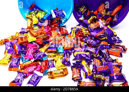 Close up of Cadbury Heroes and Roses with miniature bars of chocolate including Wispa,Fudge,Dairy Milk,crunchie bits,Creme egg,Caramel Stock Photo