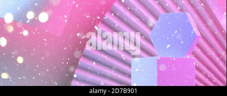 Pyramid of geometric shapes on the podium, illuminated by neon, background of fan and paper with a turned-around angle. Concept. Stock Photo