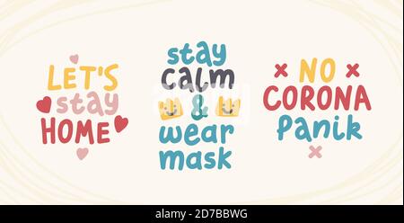 Icon quote with coronavirus for medical design. Sticker Coronavirus pandemic vector lettering. No corona panic, lets stay home Illustration, vector. Stock Vector