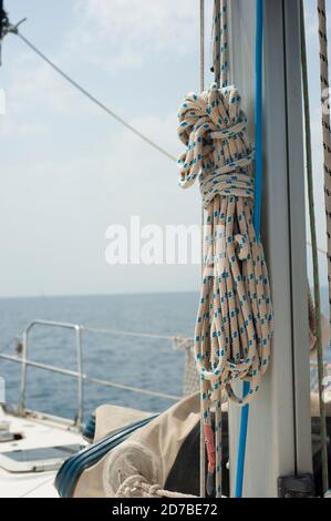 Rope on the sailboat attached to the mast Stock Photo