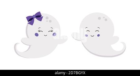 Cute ghost boy and girl isolated on white background. Stock Vector