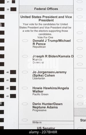 2020 presidential candidates on a paper ballot in Oregon. Stock Photo