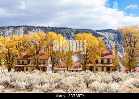 Houses on Officers Row at Fort Yellowstone in Autumn at Yellowstone National Park, Wyoming Stock Photo