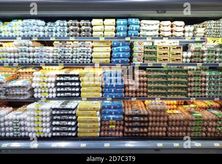 Different egg brands on shelf in a supermarket. Stock Photo