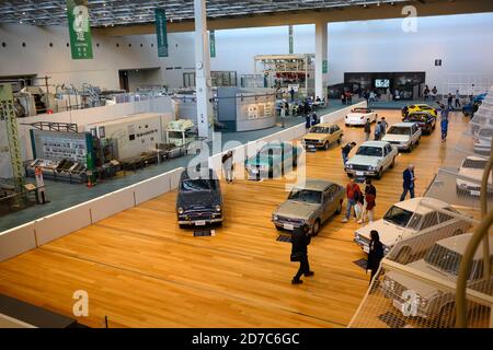 Nagoya / Japan Nov 26 2019 : Tourists visit many models of cars in the Memorial Museum of Industry and Technology. Toyota is a popular tourist destina Stock Photo