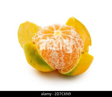 Peeled early Japanese mandarin oranges on a white background Stock Photo