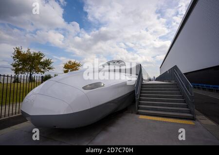 Nagoya / Japan - Nov 26 2019 : High speed bullet train or Shinkansen is on display at are parked at The SCMAGLEV and Railway Park is the railway museu Stock Photo