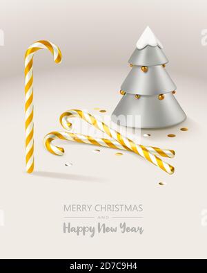 Christmas composition with Christmas silver tree and gold Christmas caramels on beige retro background. Stock Vector